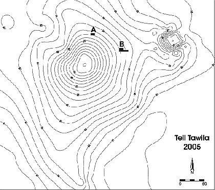 Topographischer Plan von Tell Tawila mit den Grabungsbereichen