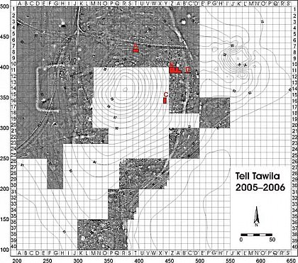 Abb. 1 Tell Tawila - Topographischer Plan mit Grabungsarealen