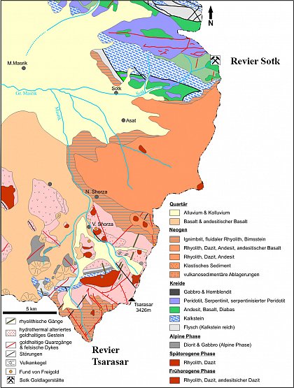 Geologische Karte der Region Sotk und
der goldhffigen Gebiete des Tsarasar Goldvorkommens
(Karte: D. Wolf, Halle)
