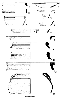 Figure 11: Ceramics
1, 6, 8-9 - Mazori Khodja Tug; 2, 4-5, 7, 13 - Aktangi-2/trench D;
3, 10-11 - Aktangi-2/surface finds; 12 - Aktangi-1