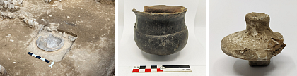 Artanish 9: Typical features and finds of Early Bronze Age Kura Araxes Culture. Left: hearth (trench A); centre: black-polished vessel (trench A); right: miniature wheel of a chariot model (trench B).